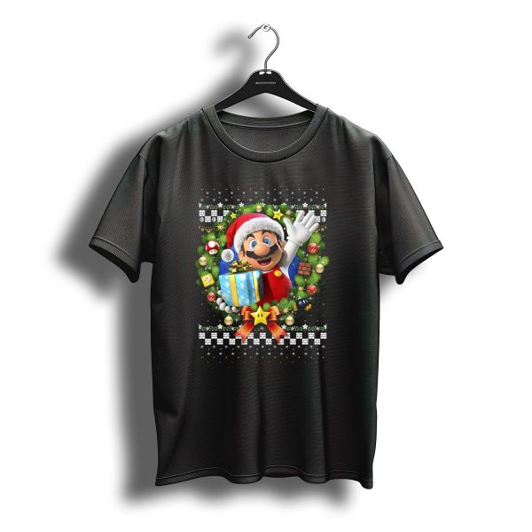 Super Mario 3D Christmas Wreath Present With Santa Hat And Gift Box T Shirt t shirt 1