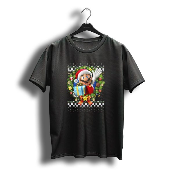 Super Mario Christmas Wreath Santa Present With Gift And Iconic Symbols T Shirt t shirt 1