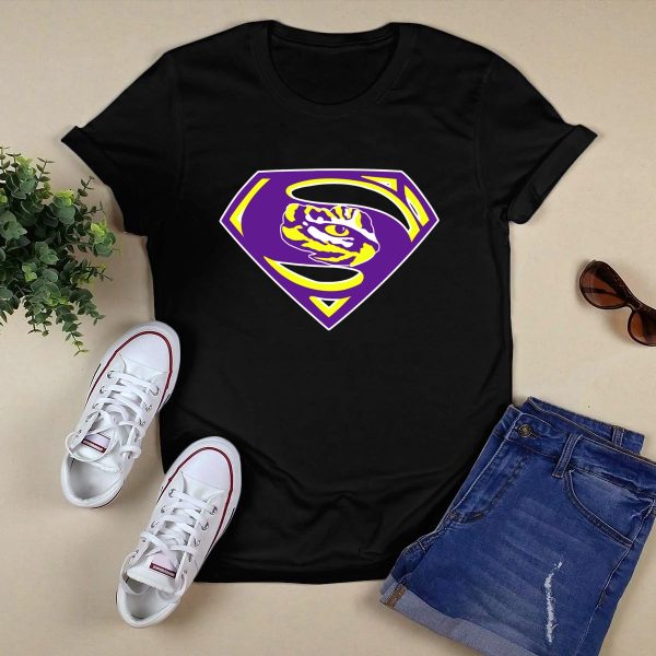 Superman LSU Tigers Logo Purple and Gold Tiger Eye T Shirt Black 1