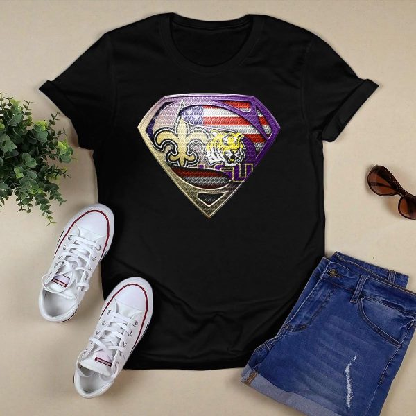 Superman Shield Saints Lsu Tigers American Flag T Shirt Black 1