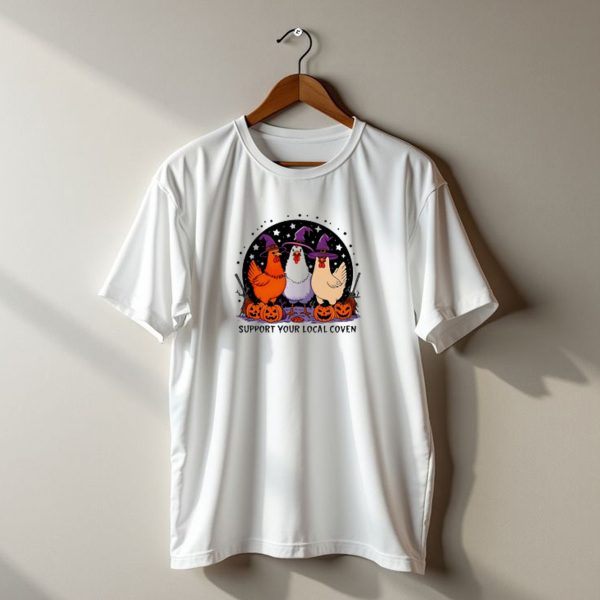 Support Your Local Coven Halloween Chicken Cartoon Trio With Witch Hats And Pumpkins t shirt 1