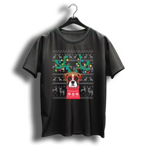 Swea Xmas Boxer Dog Reindeer Antlers Holiday Lights Ugly Christmas T-Shirt
