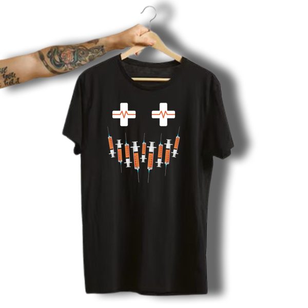 Syringe Pumpkin Face Nurse Halloween With Cross Ekg Eyes T Shirt t shirt 1