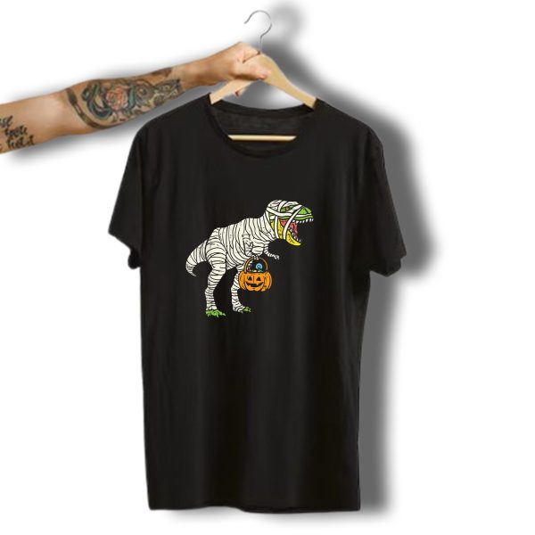 T Rex Mummy Holding Pumpkin For Trick Or Treat Halloween Dino T Shirt t shirt 1