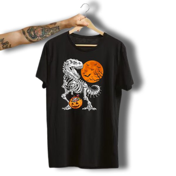T Rex Skeleton With Pumpkin Bucket And Full Moon Bats Halloween Scene T Shirt t shirt 1