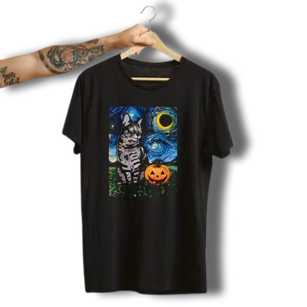 Tabby Halloween Cat With Pumpkin And Starry Night Sky T Shirt t shirt 1