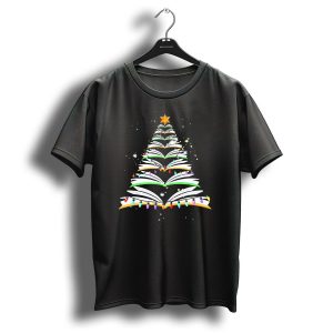 Teacher Librarian Christmas Books Tree With Festive Lights And Star Topper T-Shirt