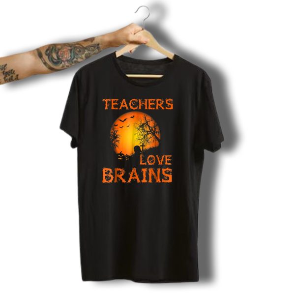Teachers Love Brains Halloween Scene Bats Pumpkins Graveyard T Shirt t shirt 1