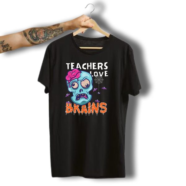 Teachers Love Brains Halloween Zombie Skull Bats Spiderweb T Shirt t shirt 1