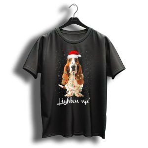 Tee89S Basset Hound Lighten Up Christmas Lights Santa Hat T Shirt