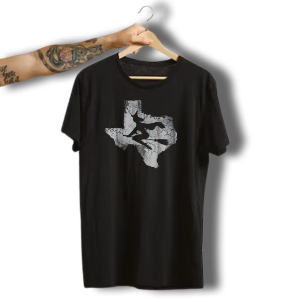 Texas Halloween Witch Silhouette Riding Broom Over Cracked State Map T Shirt 1 t shirt 1