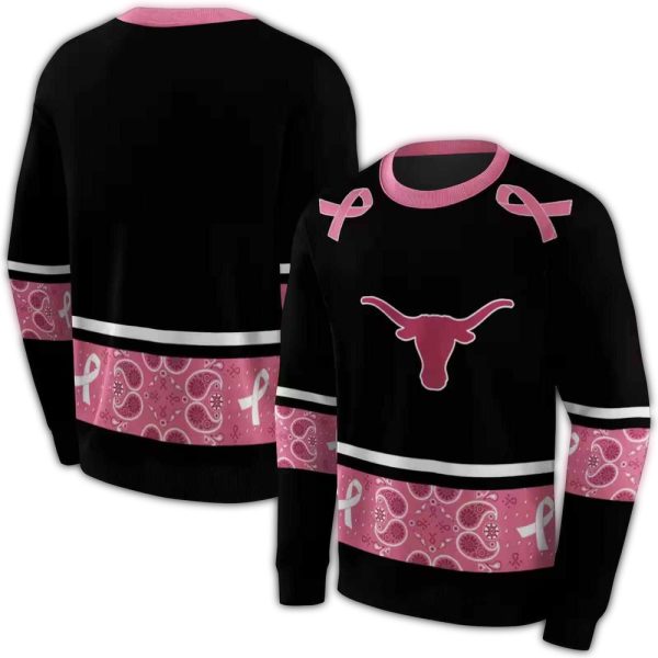 Texas Longhorns Awareness Ribbon Black Pink AOP Sweatshirt 1