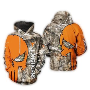 Texas Longhorns Camo Veteran Hunting And Punisher Skull All Over Print Hoodie