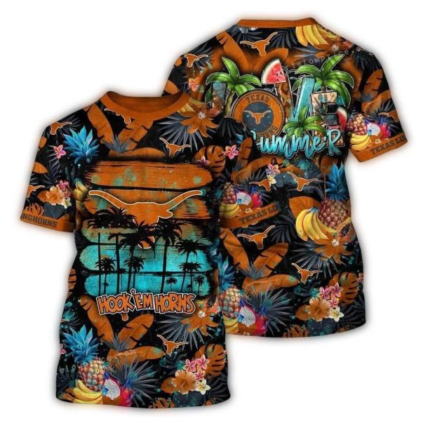 Texas Longhorns Floral Fruit Pattern Tropical AOP T Shirt 1