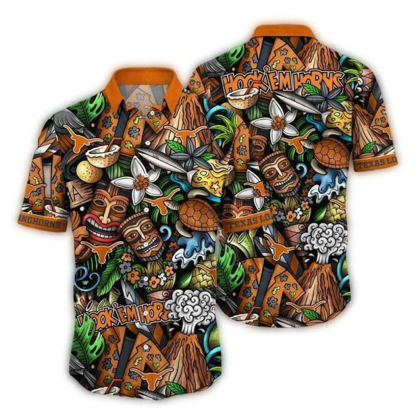 Texas Longhorns Floral Tiki Turtle Pattern Hawaiian Shirt 1