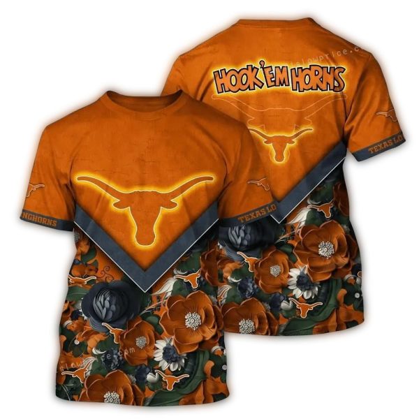 Texas Longhorns Flower Blossom Hook Em Horns AOP T Shirt 1