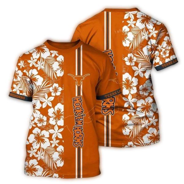 Texas Longhorns Flower Stripe White and Orange AOP T Shirt 1