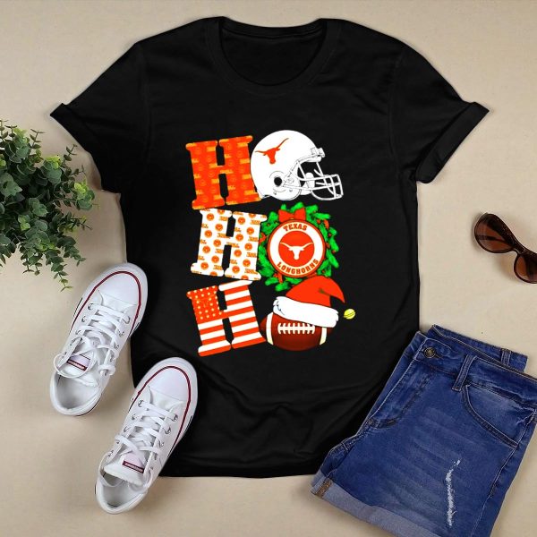 Texas Longhorns Ho Ho Ho Christmas Football Helmet Wreath Santa Hat T Shirt Style 1 Black 1