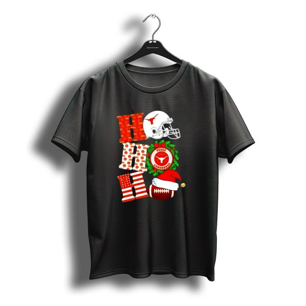 Texas Longhorns Ho Ho Ho Christmas Football Helmet Wreath Santa Hat T Shirt t shirt 1