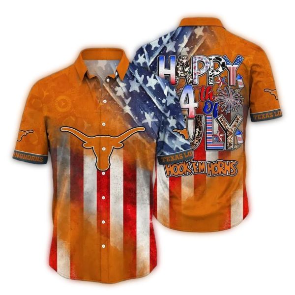 Texas Longhorns Hook Em Horns Firework Happy 4th Of July Hawaiian Shirt 1