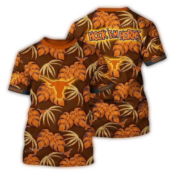Texas Longhorns Hook Em Horns Floral Leafs Pattern AOP T Shirt 1