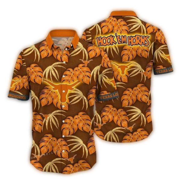 Texas Longhorns Hook Em Horns Floral Leafs Pattern Hawaiian Shirt 1