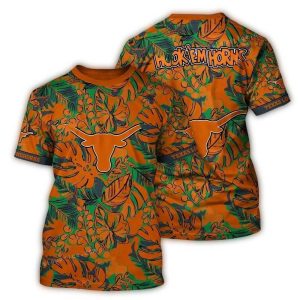 Texas Longhorns Hook 'Em Horns Floral Leafs Pattern Vintage All Over Print T Shirt