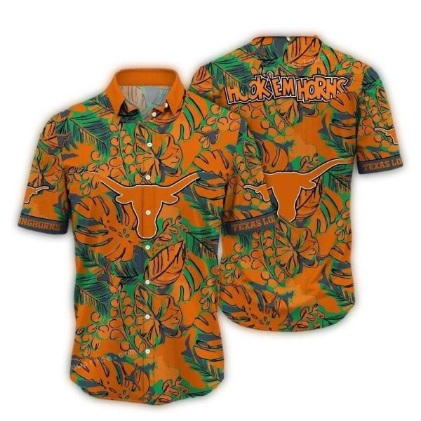 Texas Longhorns Hook Em Horns Floral Leafs Pattern Vintage Hawaiian Shirt 1