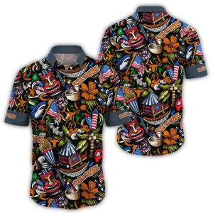 Texas Longhorns Hook 'Em Horns Floral Tiki Sharks Pattern Hawaiian Shirt
