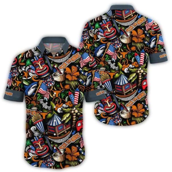 Texas Longhorns Hook Em Horns Floral Tiki Sharks Pattern Hawaiian Shirt 1