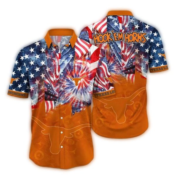 Texas Longhorns Hook Em Horns and Flag Us For 4th Of July Hawaiian Shirt 1