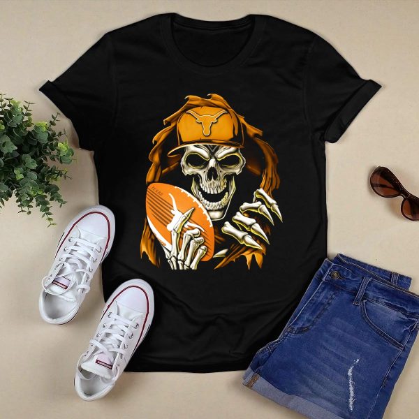 Texas Longhorns Skull with Football and Cap T Shirt Style 1 Black 1