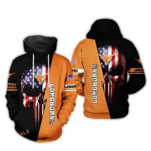 Texas Longhorns Us Flag Skull Punisher All Over Print Hoodie