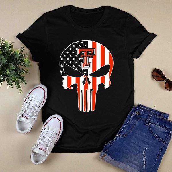Texas Tech Red Raiders American Flag Punisher Skull T Shirt Black 1