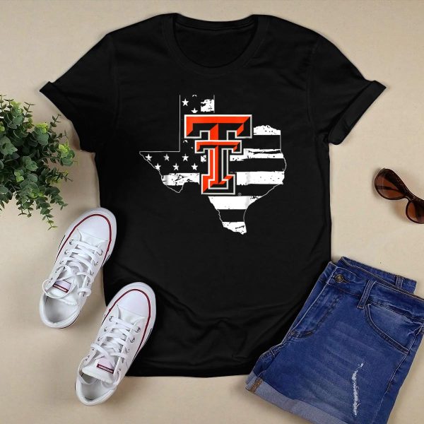 Texas Tech Red Raiders American Flag Texas Outline T Shirt Black 1