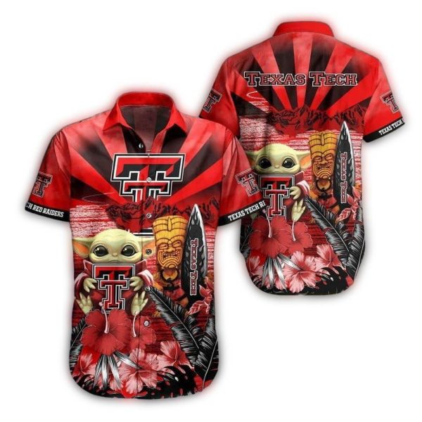 Texas Tech Red Raiders Baby Yoda and Tiki Floral Hawaiian Shirt 1