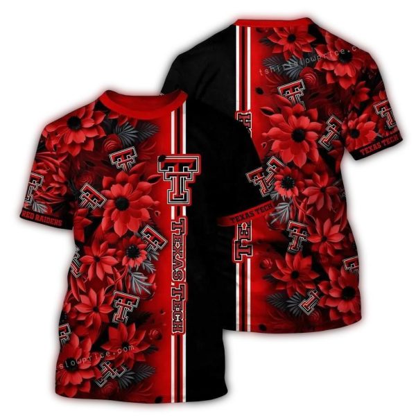 Texas Tech Red Raiders Flower Blossom Stripe Black and Red AOP T Shirt 1