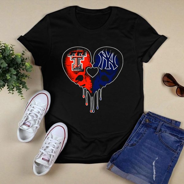 Texas Tech and Yankees Dripping Skull Heart Love T Shirt Black 1