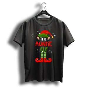 The Auntie Elf Funny Christmas Elf Red Hat Green Stripes T-Shirt