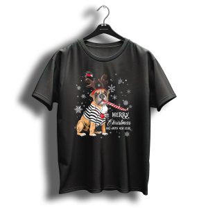 The Boxer Dog Merry Christmas And Happy New Year Candy Cane Reindeer Antlers Snowflakes T-Shirt