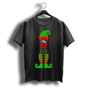 The Dj Elf Green And Red Striped Hat And Shoes Christmas Family T-Shirt