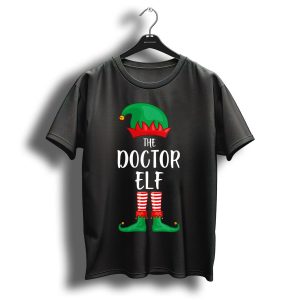 The Doctor Elf Christmas Party Jester Hat And Striped Tights T-Shirt