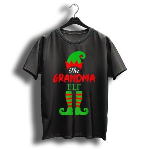 The Grandma Elf Family Christmas Matching Pajamas Green Hat Red Striped Socks T-Shirt