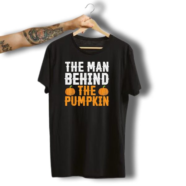 The Man Behind The Pumpkin Mens Funny Halloween Pregnancy Announcement T Shirt t shirt 1