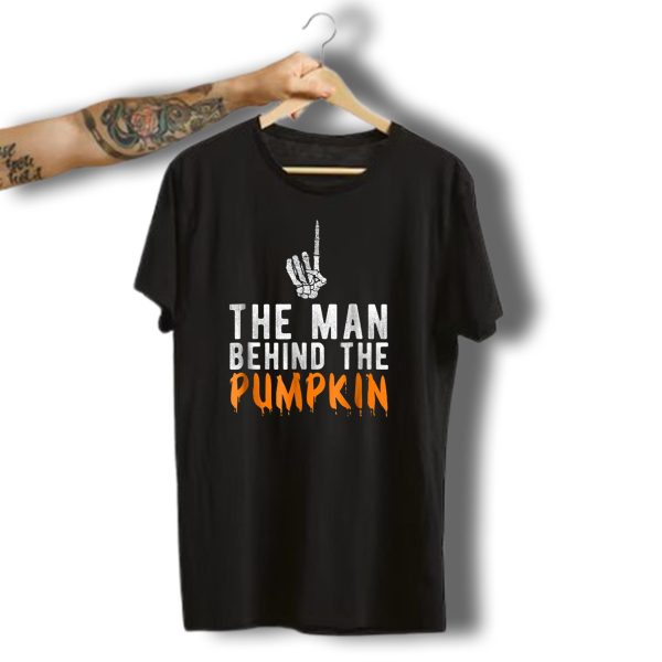 The Man Behind The Pumpkin Skeleton Hand Funny Halloween Pregnancy Announcement T Shirt t shirt 1