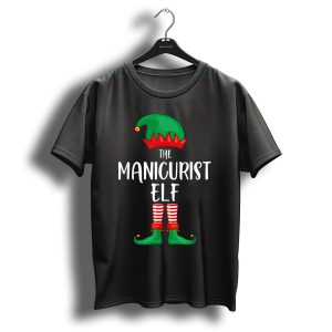 The Manicurist Elf Christmas Party Outfit With Striped Tights And Green Shoes T-Shirt
