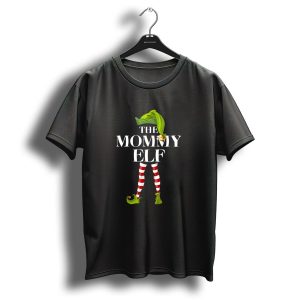 The Mommy Elf Christmas Outfit Fun Striped Tights And Green Hat T-Shirt
