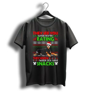 They See You When Youre Eating They Know When You Have Snacks Ugly Doberman Christmas Santa Hat Reindeer T Shirt