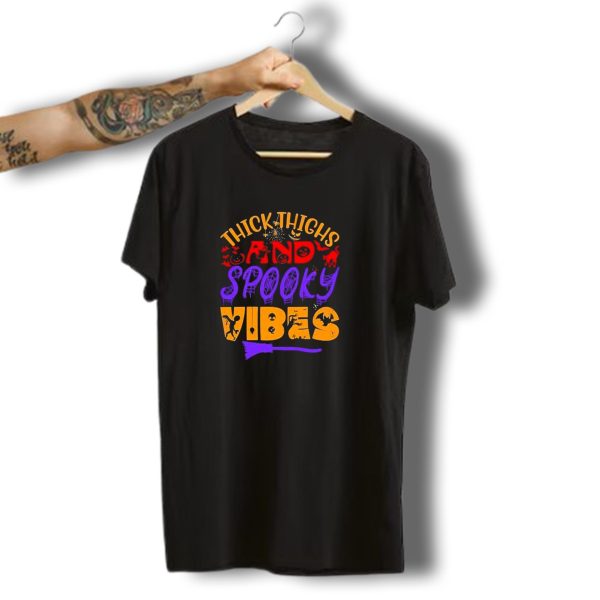 Thick Thighs And Spooky Vibes Halloween 2024 Witch Bats Pumpkins Cat T Shirt t shirt 1