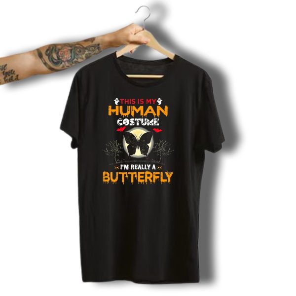 This Is My Human Costume IM Really A Butterfly Halloween Ghosts Bats Moon Trees T Shirt t shirt 1